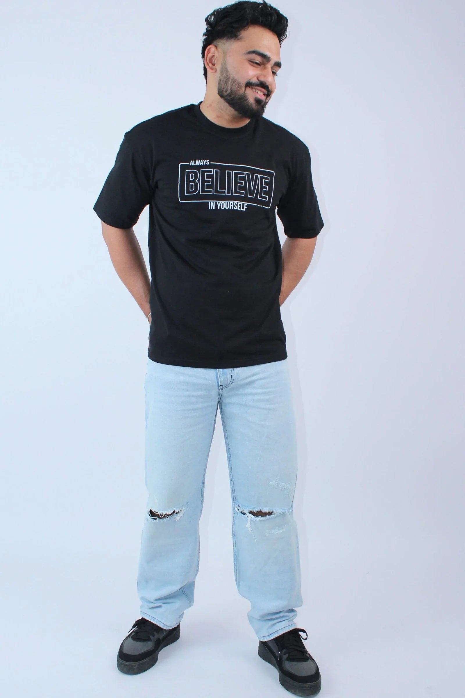 Printed Black Solid Oversized T-Shirt - Calywer