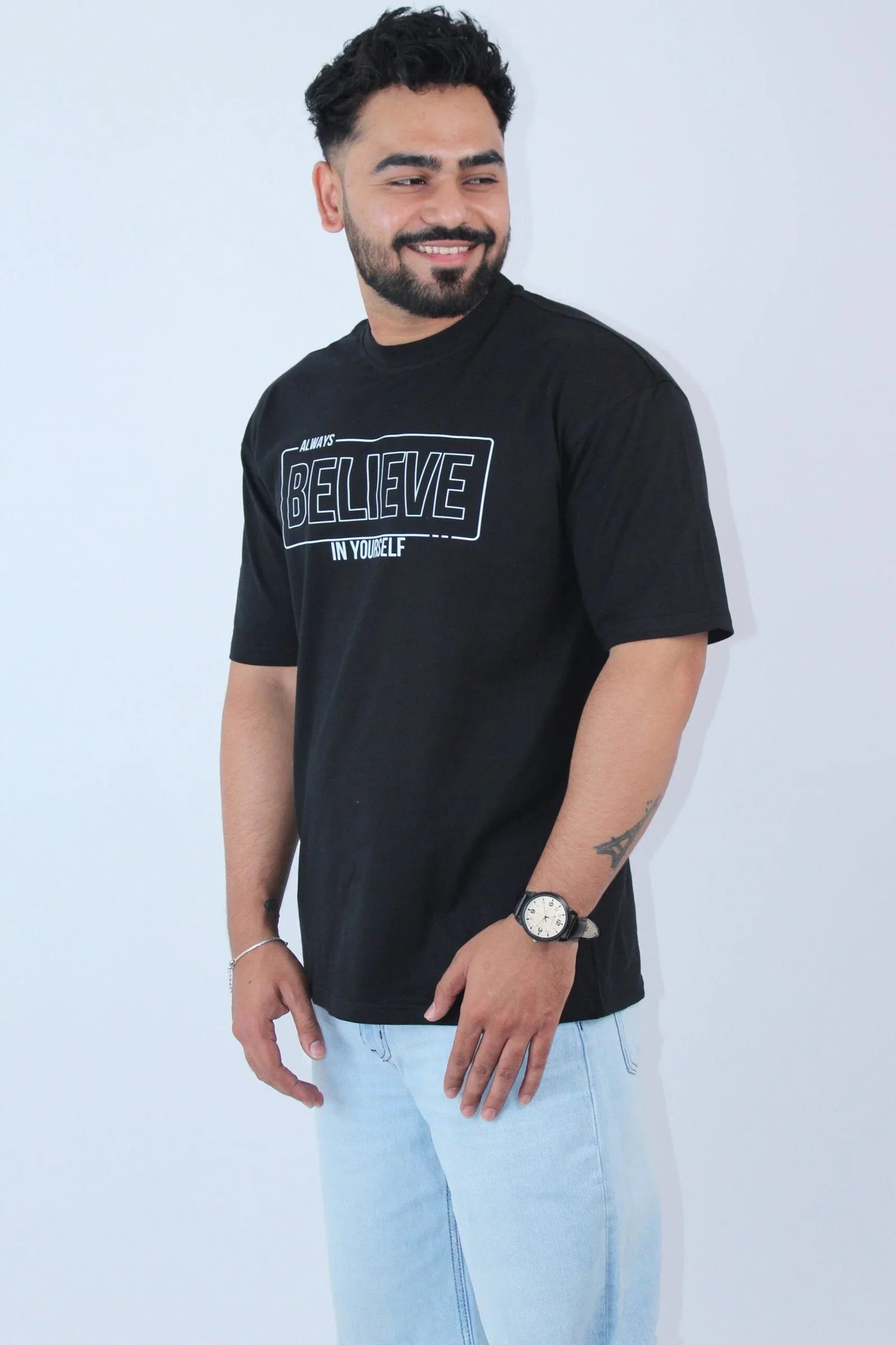 Printed Black Solid Oversized T-Shirt - Calywer