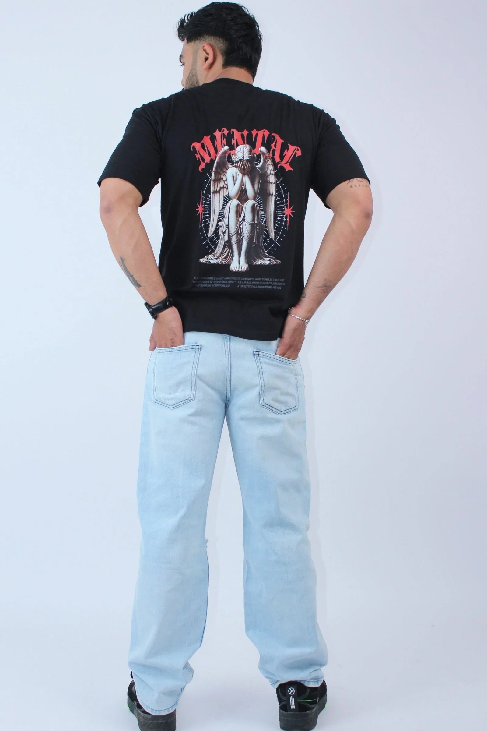 Printed Oversized Fit Solid Black T-Shirt - Calywer