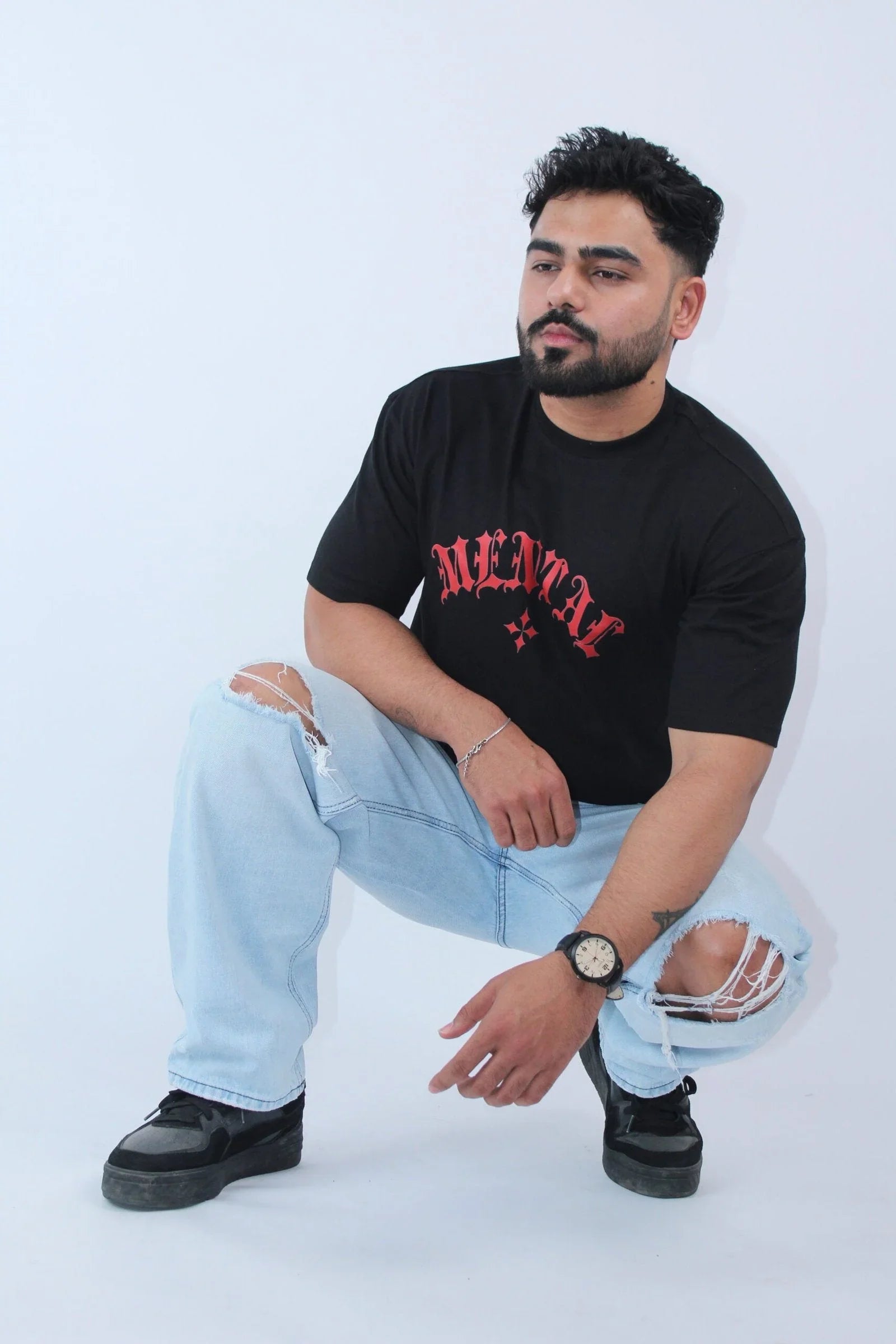 Printed Oversized Fit Solid Black T-Shirt - Calywer