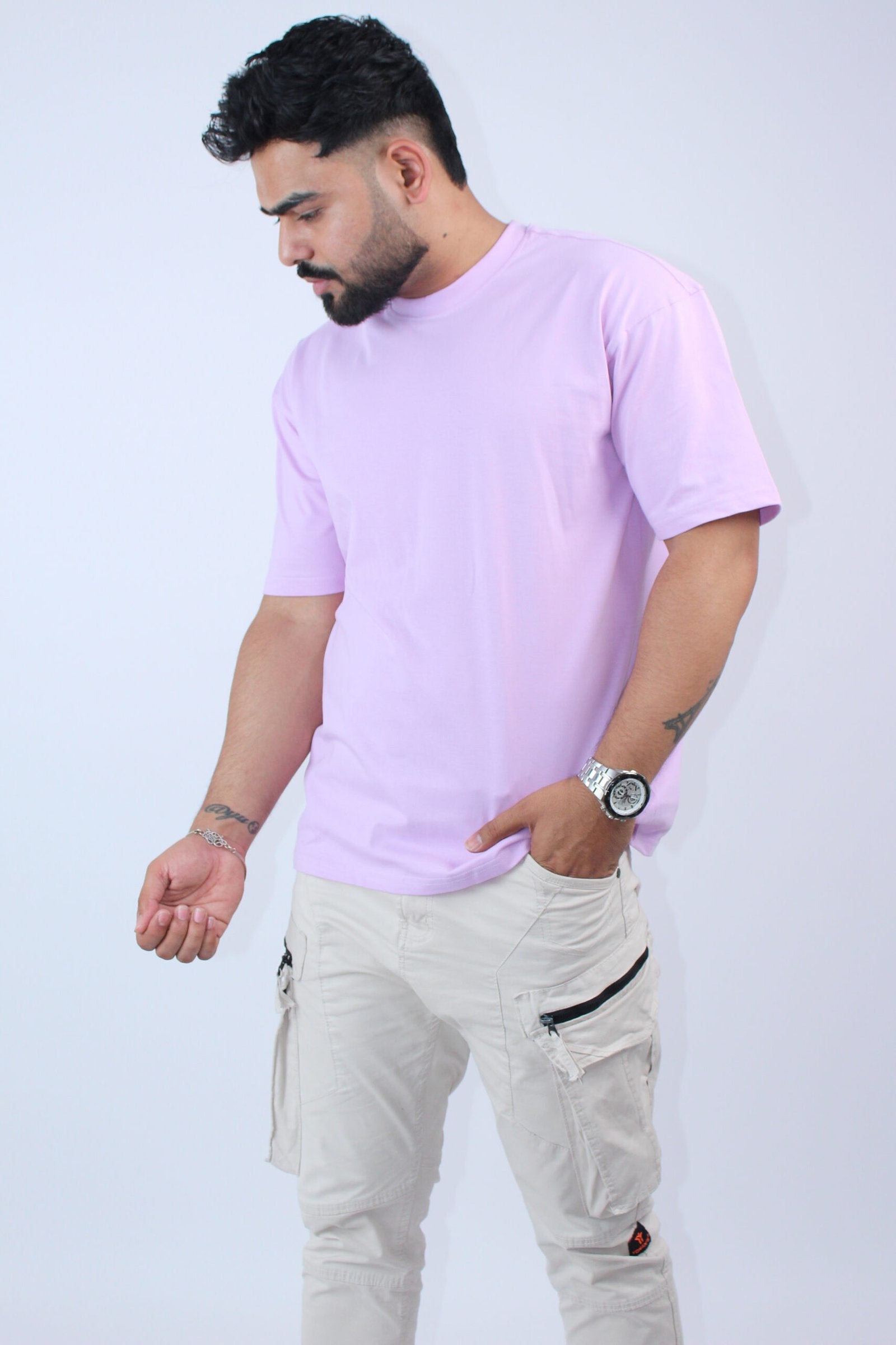 Oversized Fit 2-Way Stretch Lavender T-shirt - Calywer