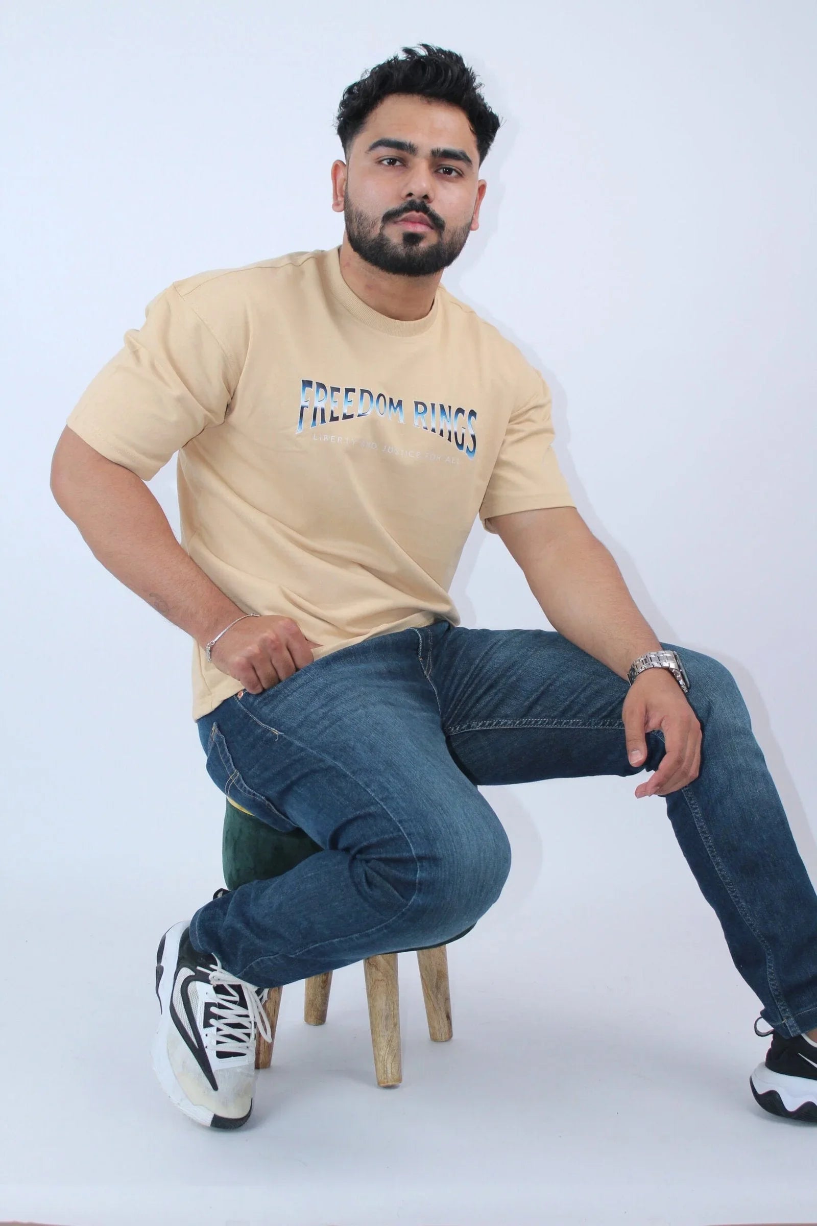 Printed Beige Oversized 2-Way T-Shirt - Calywer