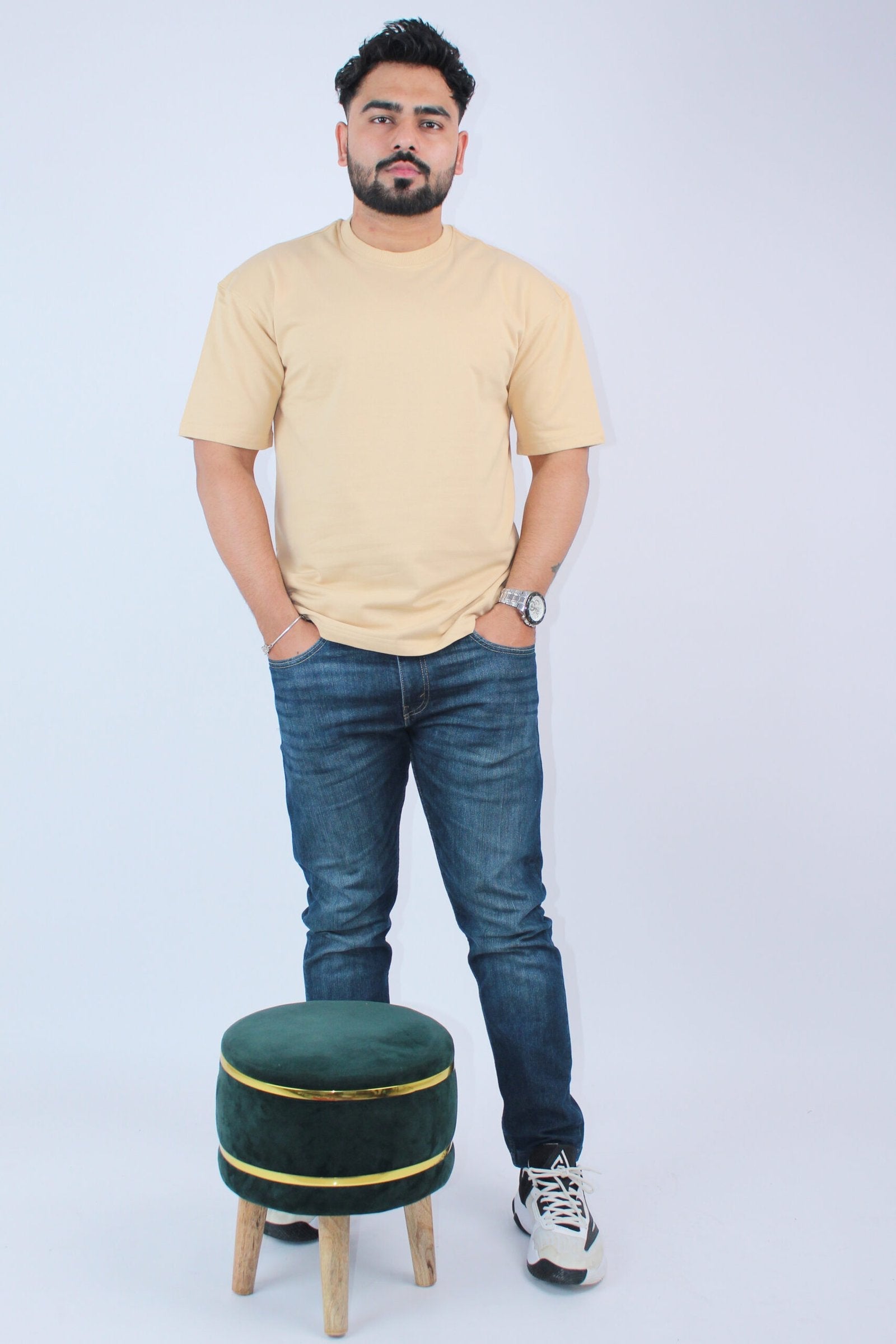 Printed Solid Beige Stretch Oversized T-Shirt - Calywer