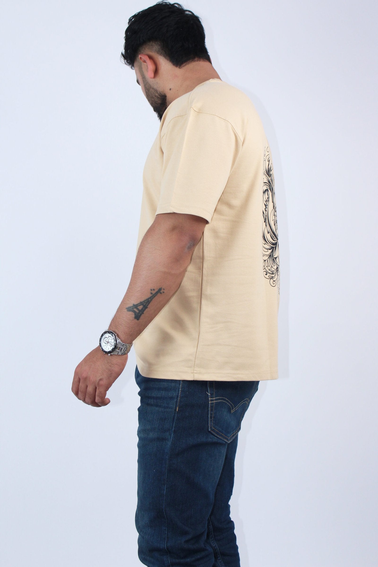 Printed Solid Beige Stretch Oversized T-Shirt - Calywer