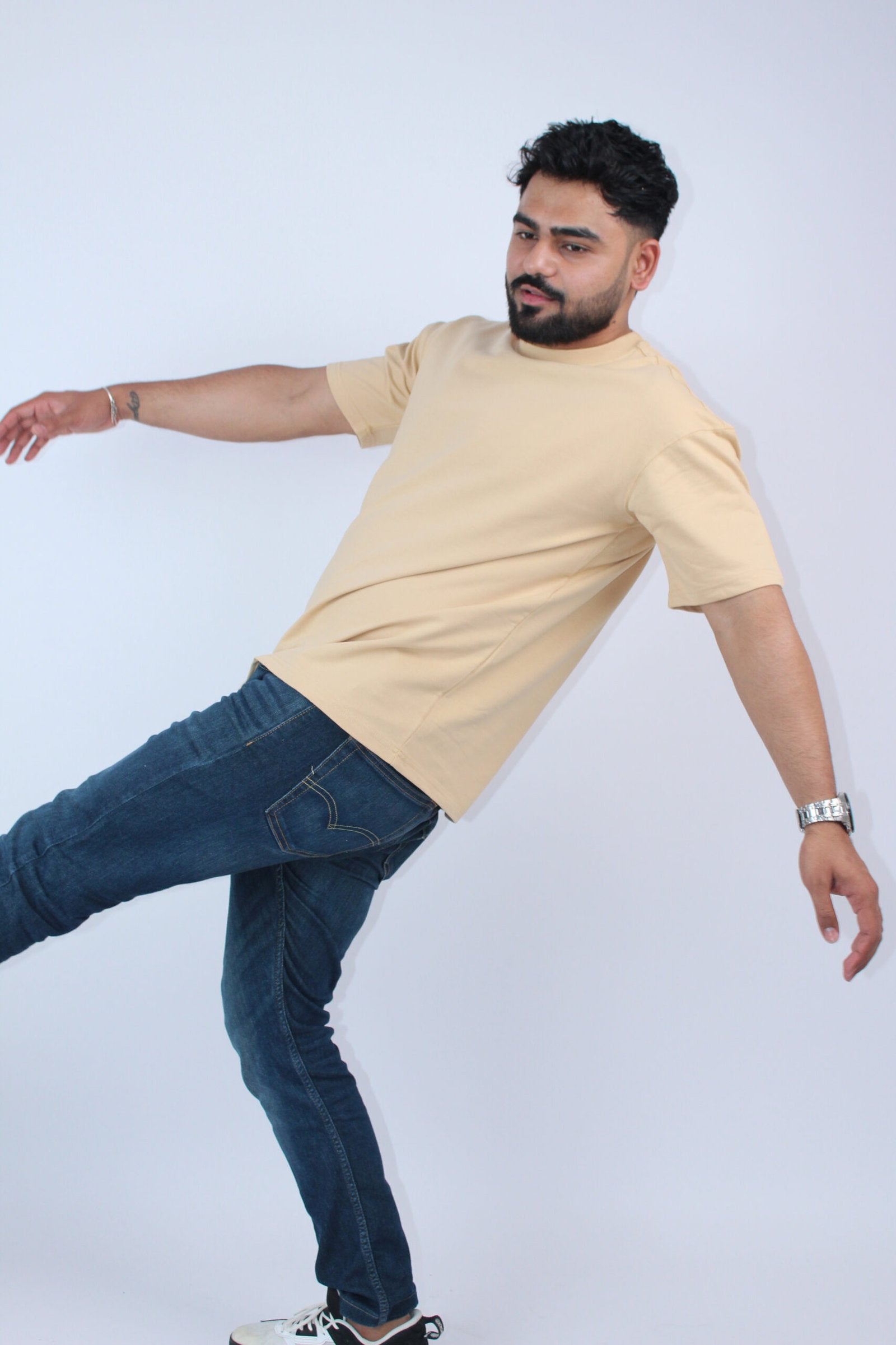 Printed Solid Beige Stretch Oversized T-Shirt - Calywer