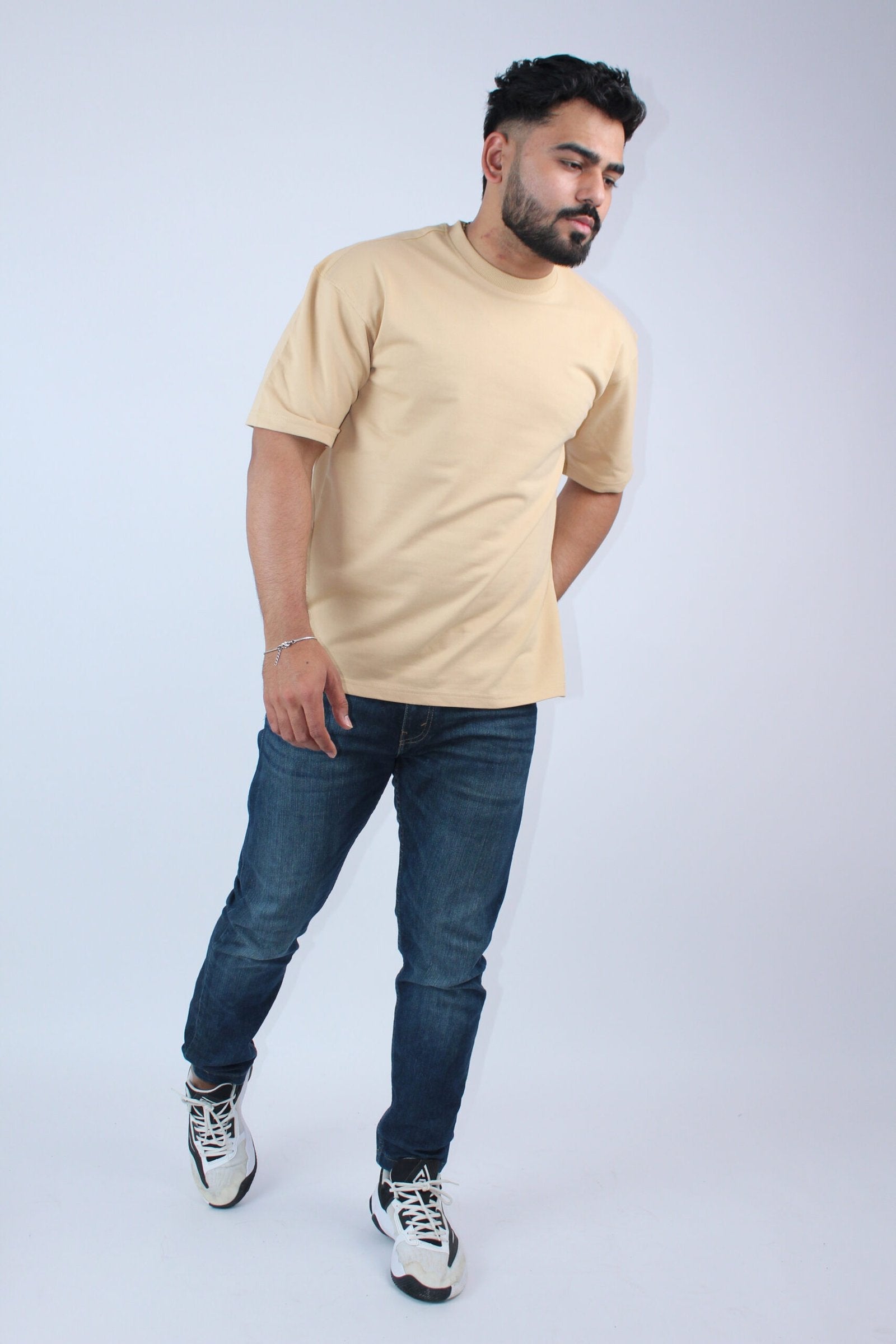 Printed Oversized Solid BeigeT-Shirt - Calywer