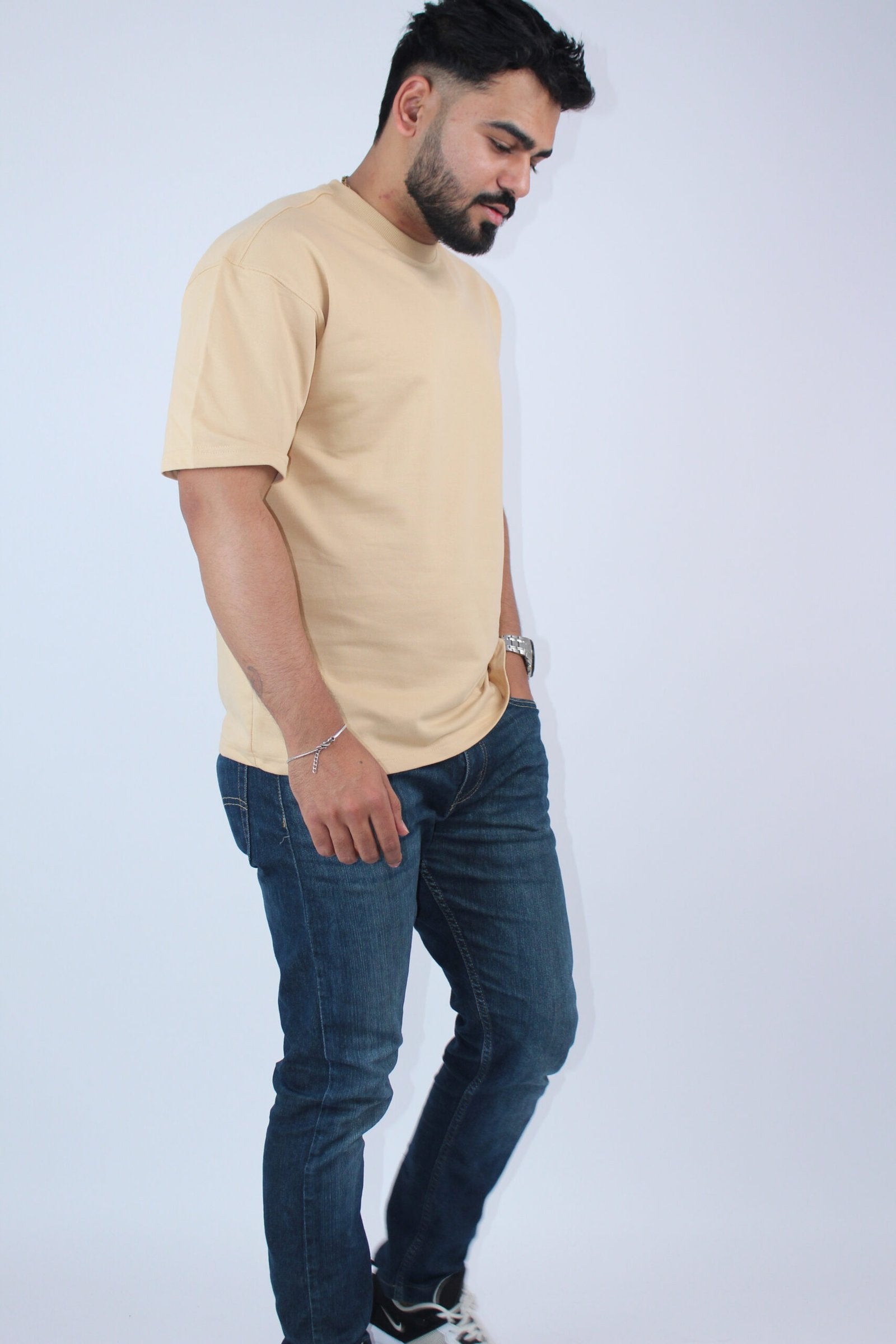 Printed Oversized Solid BeigeT-Shirt - Calywer