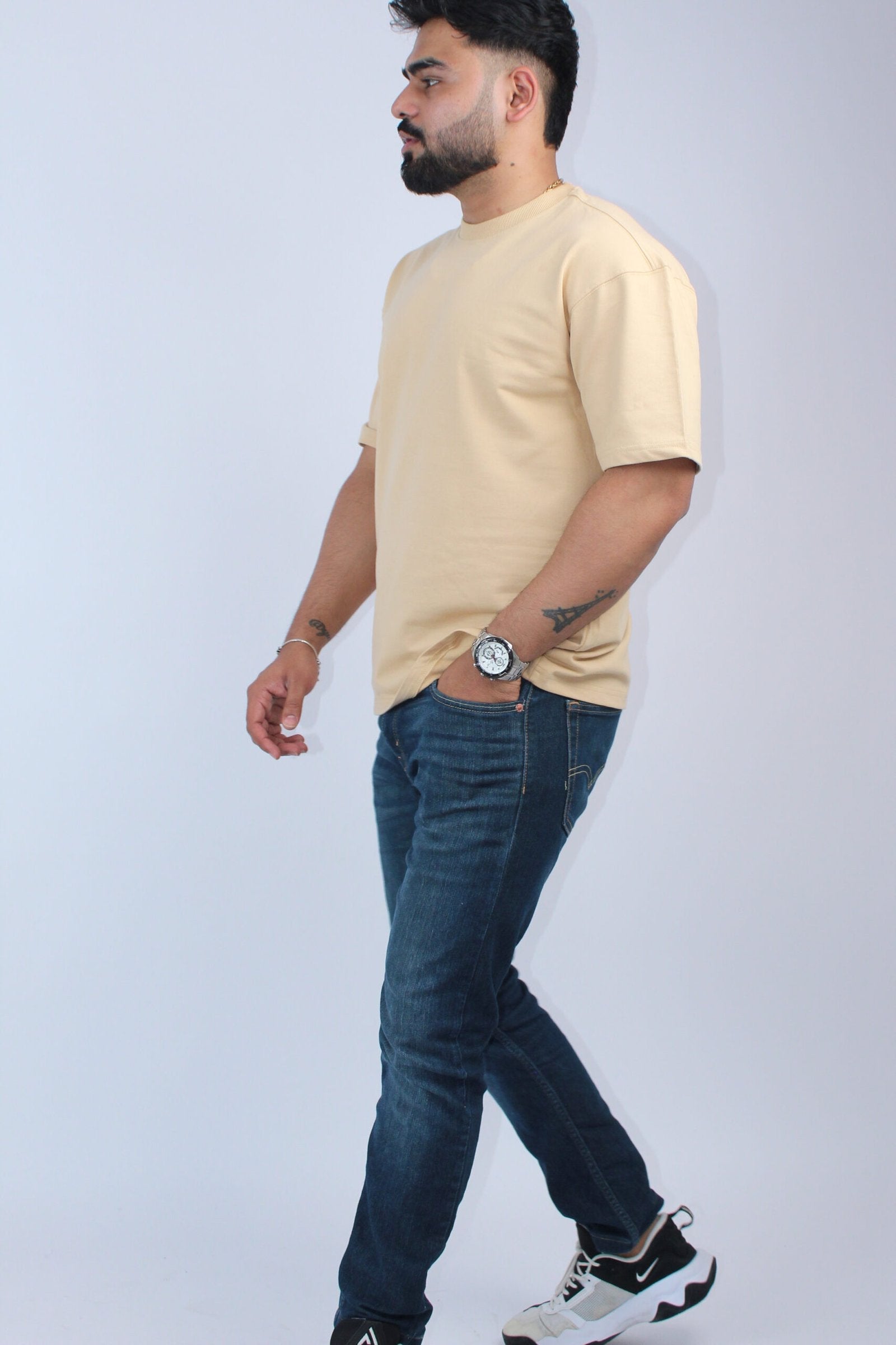 Printed Oversized Solid BeigeT-Shirt - Calywer