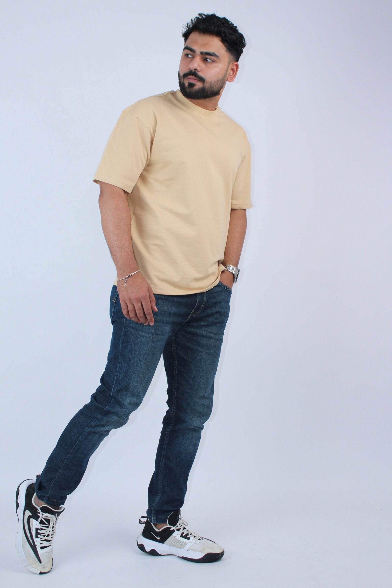 Printed Oversized Solid BeigeT-Shirt - Calywer