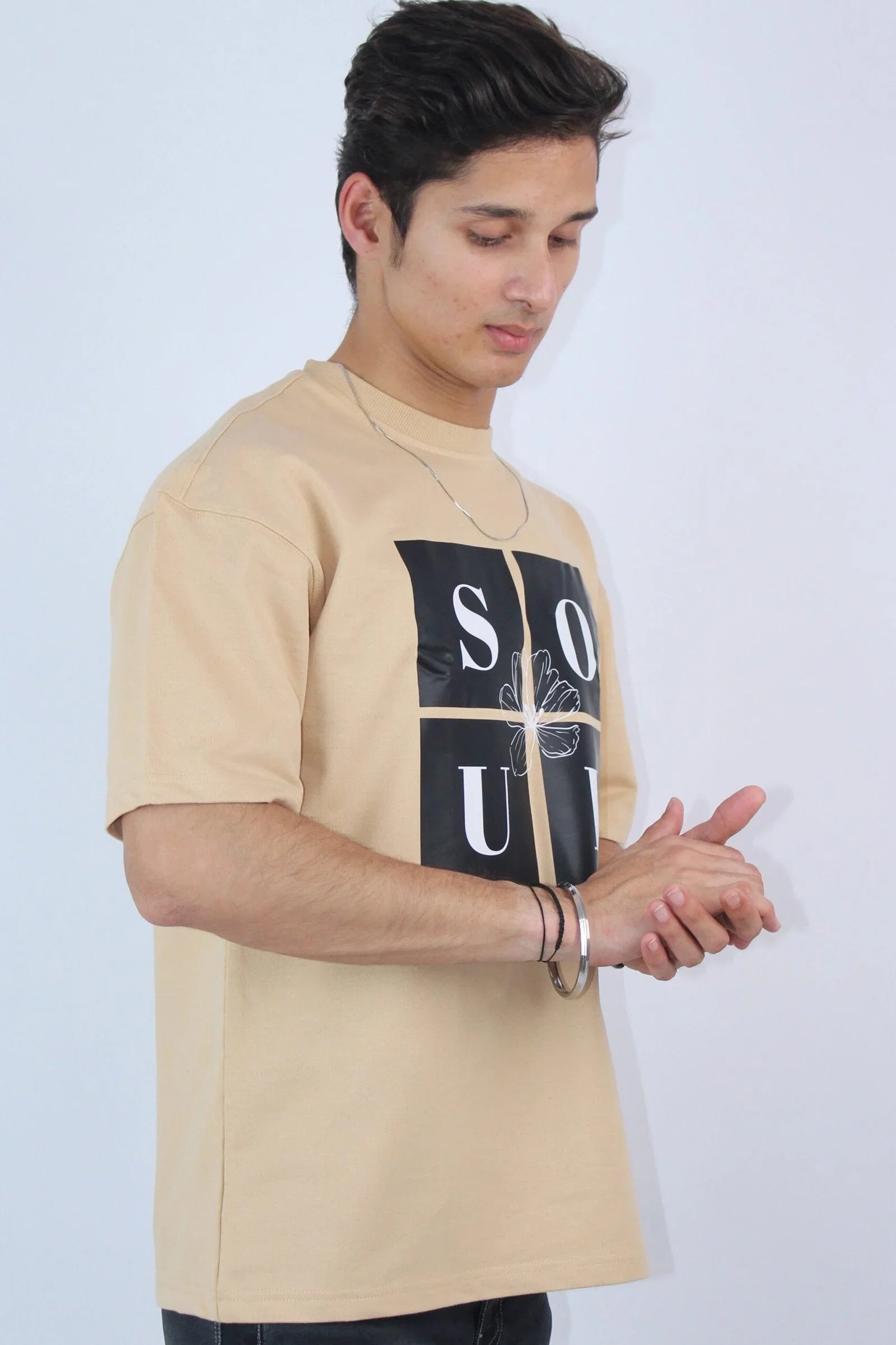 Printed Oversized Fit Beige T-shirt - Calywer