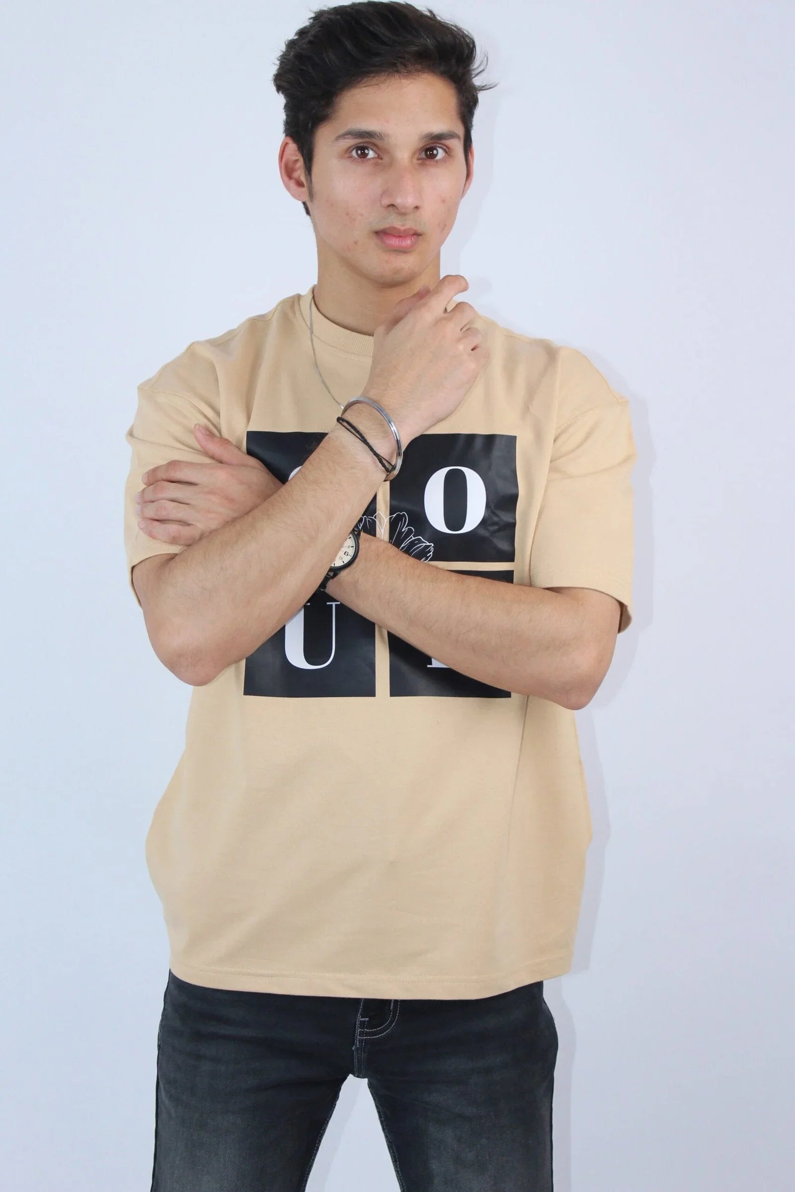 Printed Oversized Fit Beige T-shirt - Calywer