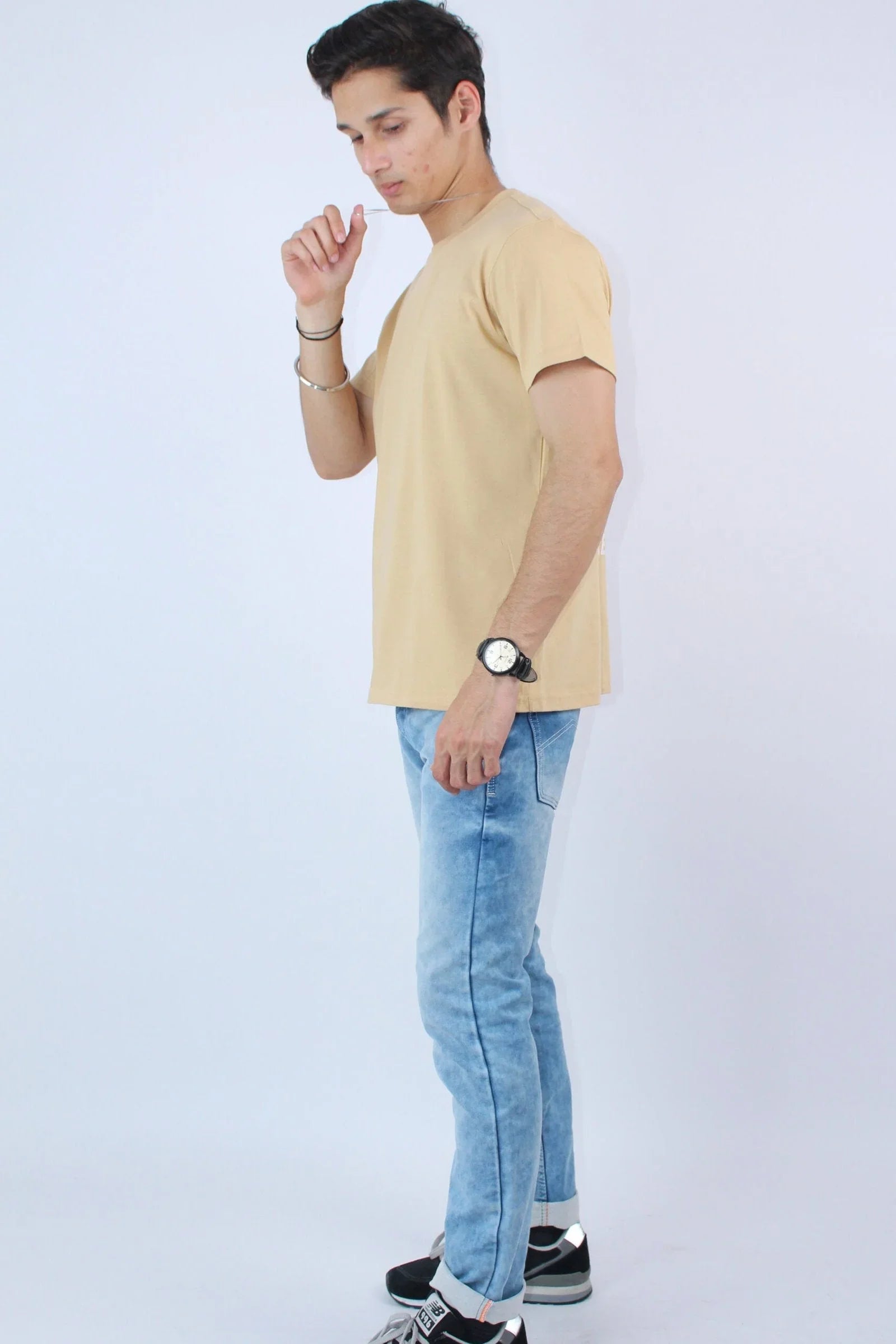 Printed Crew Neck Beige Slim Fir T-shirt - Calywer