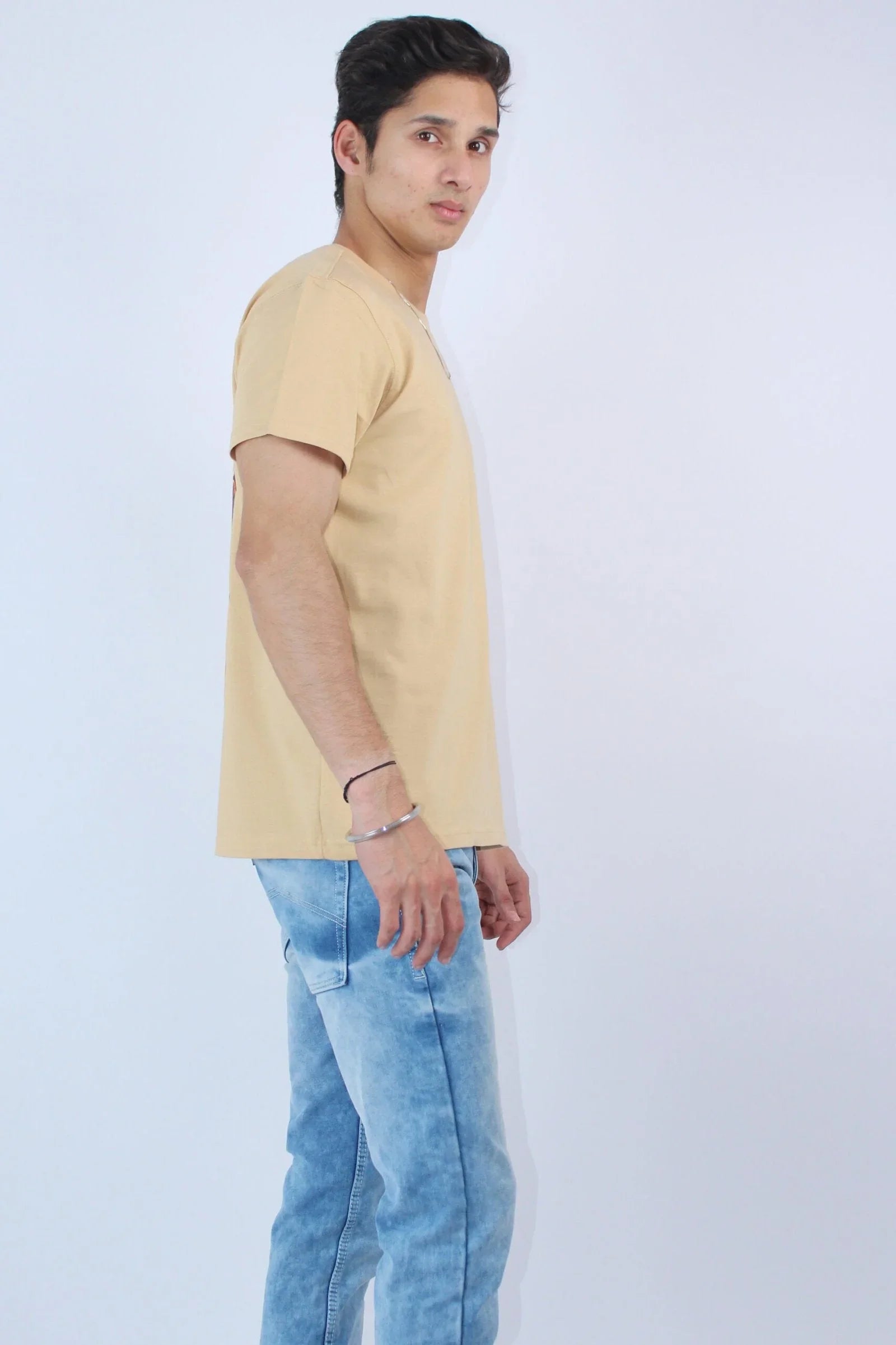 Printed Crew Neck Beige Slim Fir T-shirt - Calywer