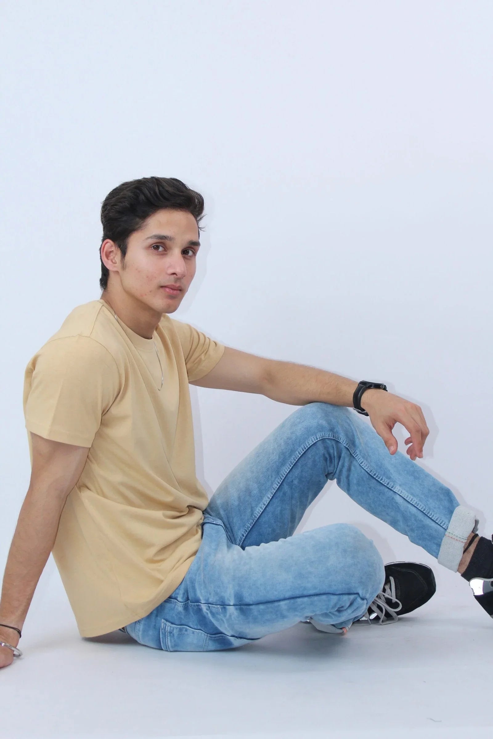 Printed Crew Neck Beige Slim Fir T-shirt - Calywer