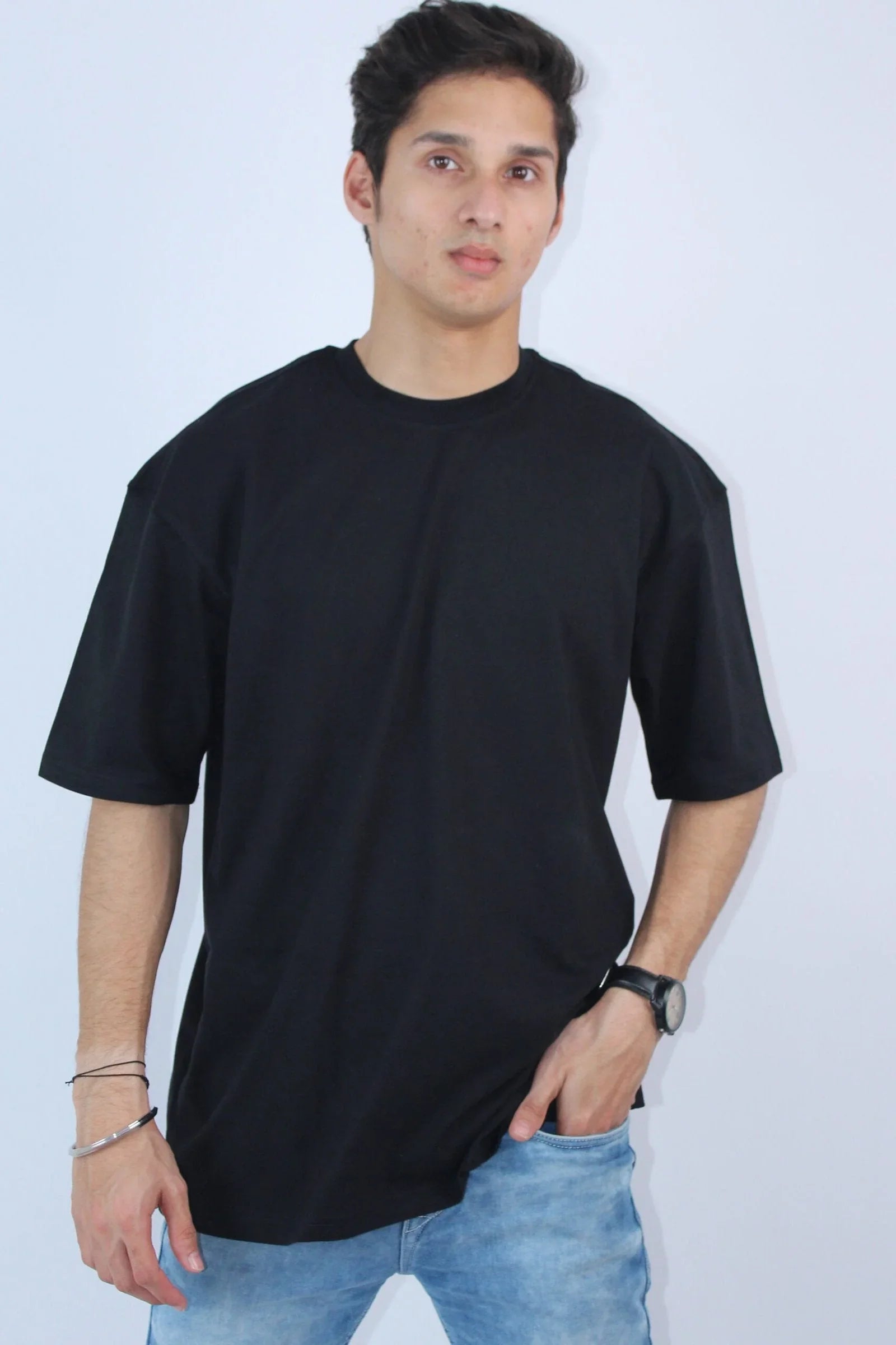 Printed Oversized Fit 4-Way Stretch Black T-Shirt - Calywer