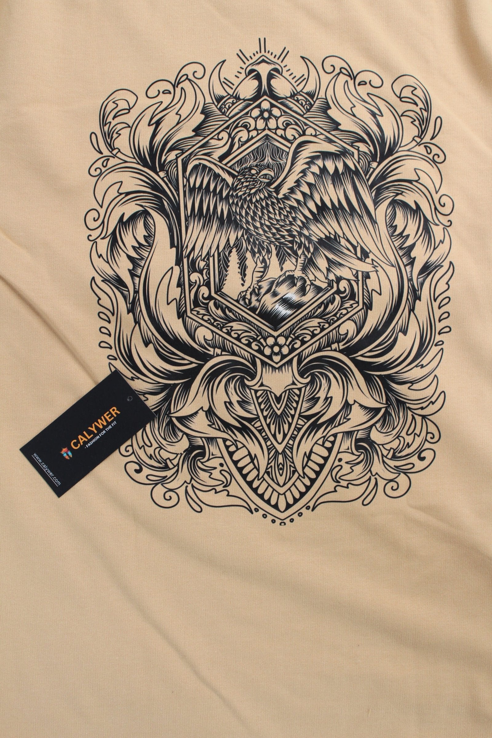 Printed Solid Beige Stretch Oversized T-Shirt - Calywer