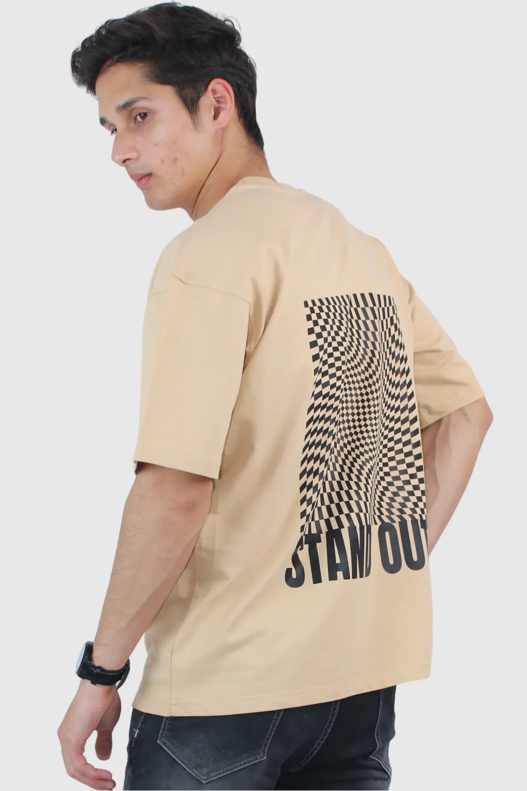 Oversized Printed 2-Way Stretch Beige T-Shirt - Calywer