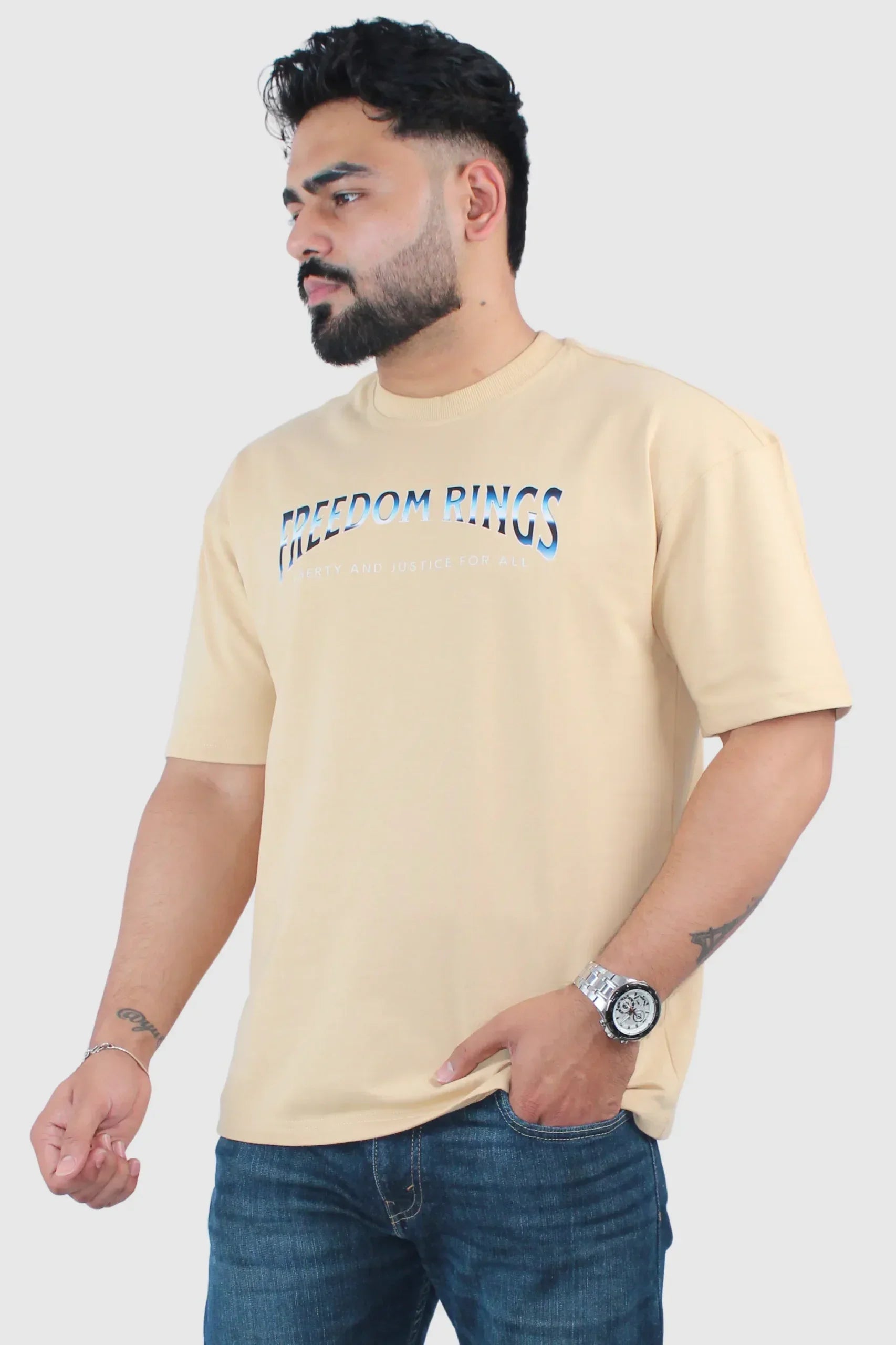 Printed Beige Oversized 2-Way T-Shirt - Calywer