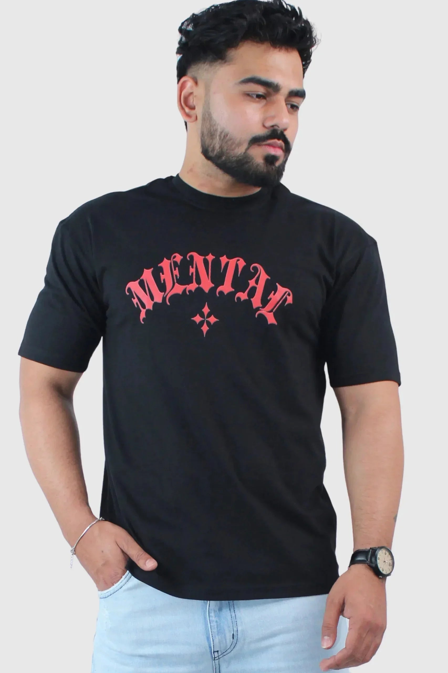 Printed Oversized Fit Solid Black T-Shirt - Calywer