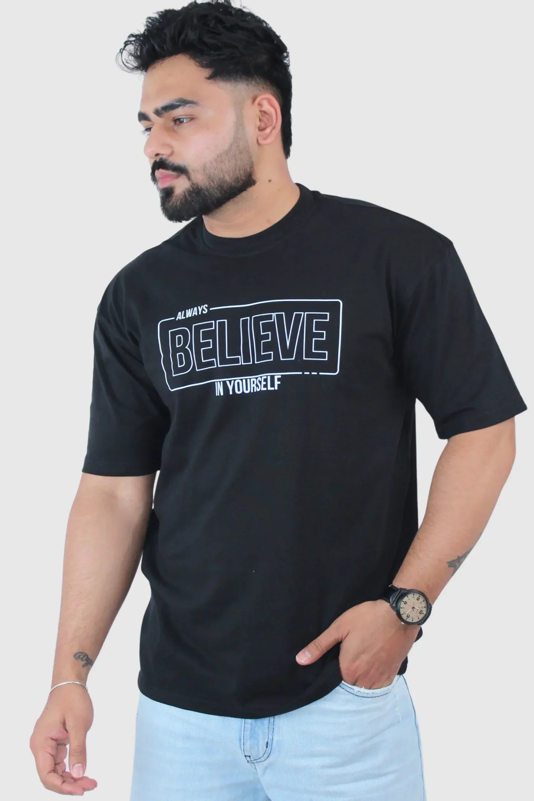 Printed Black Solid Oversized T-Shirt - Calywer