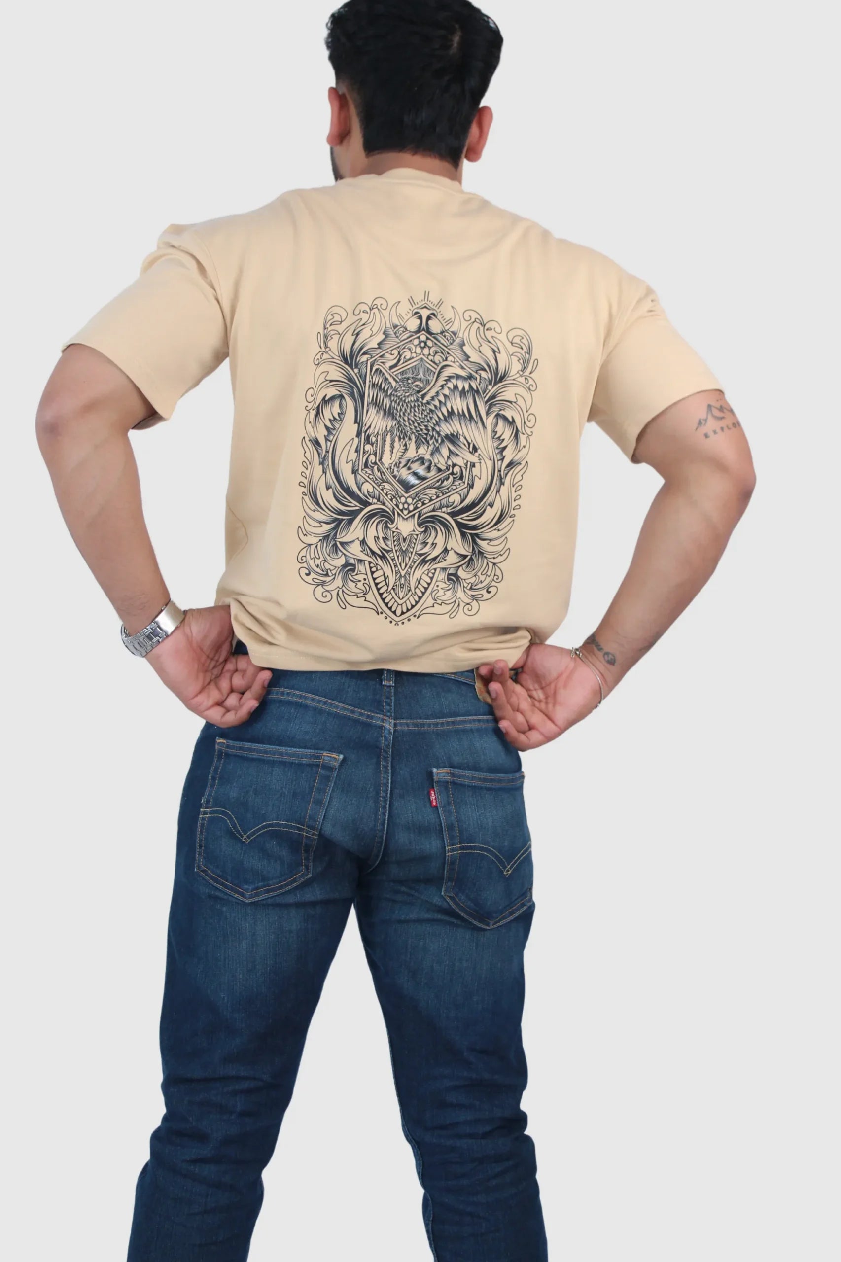 Printed Solid Beige Stretch Oversized T-Shirt - Calywer