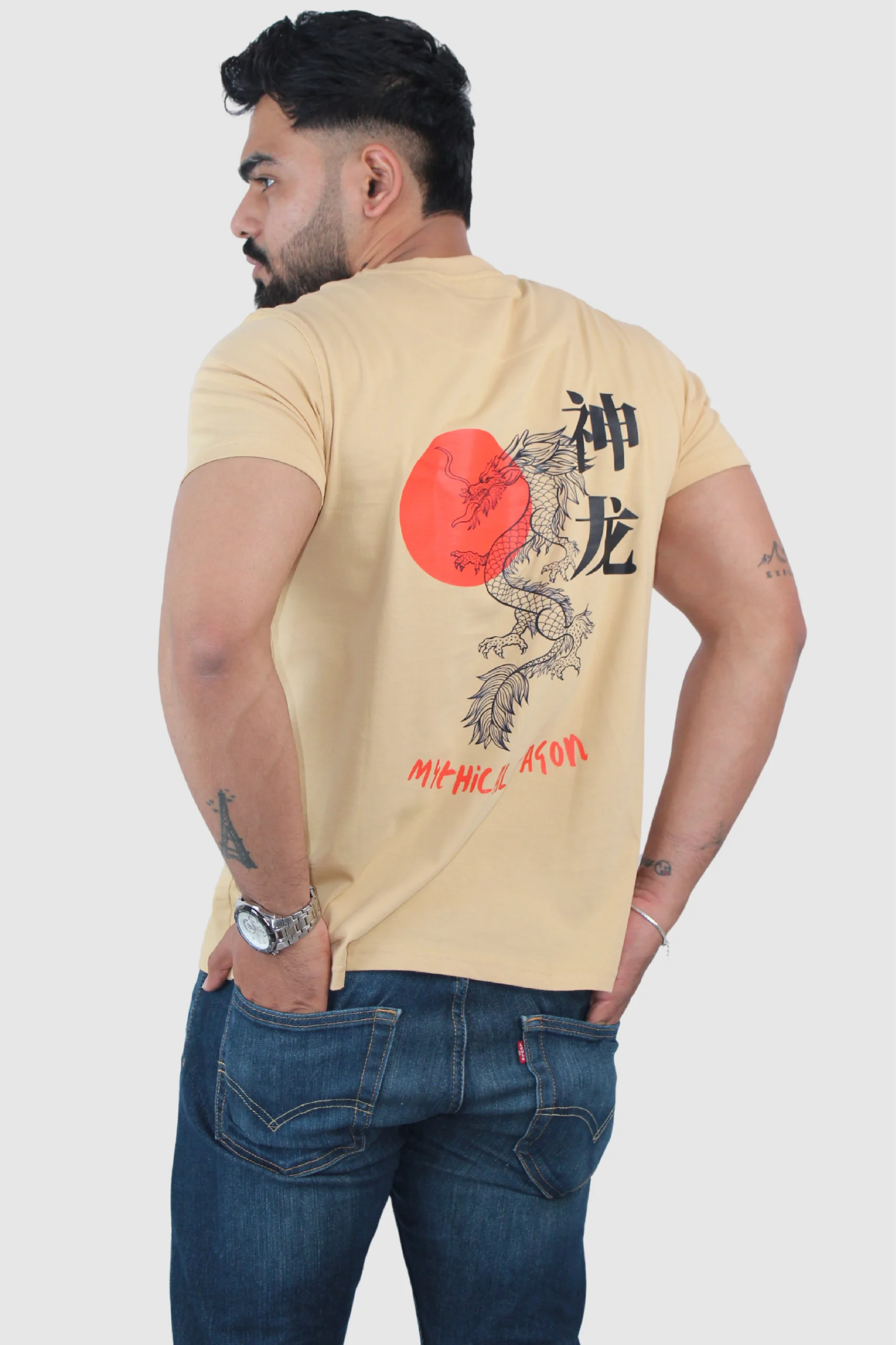 Slim Regular Fit Beige Solid T-Shirt - Calywer