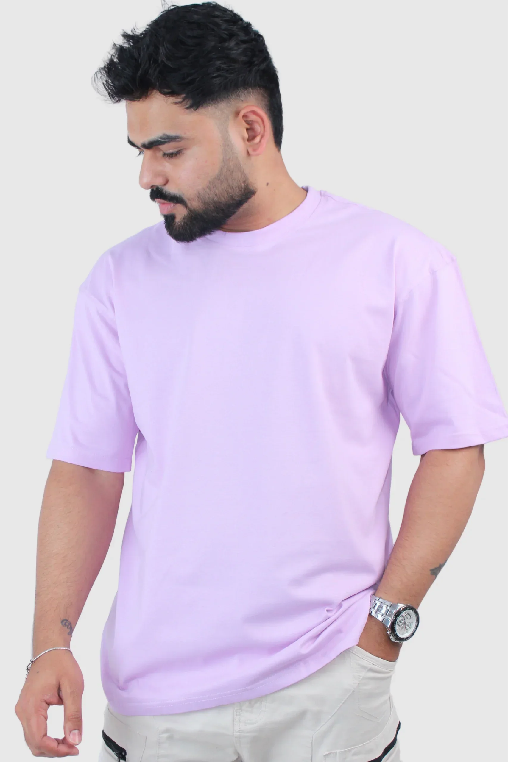 Oversized Fit 2-Way Stretch Lavender T-shirt - Calywer