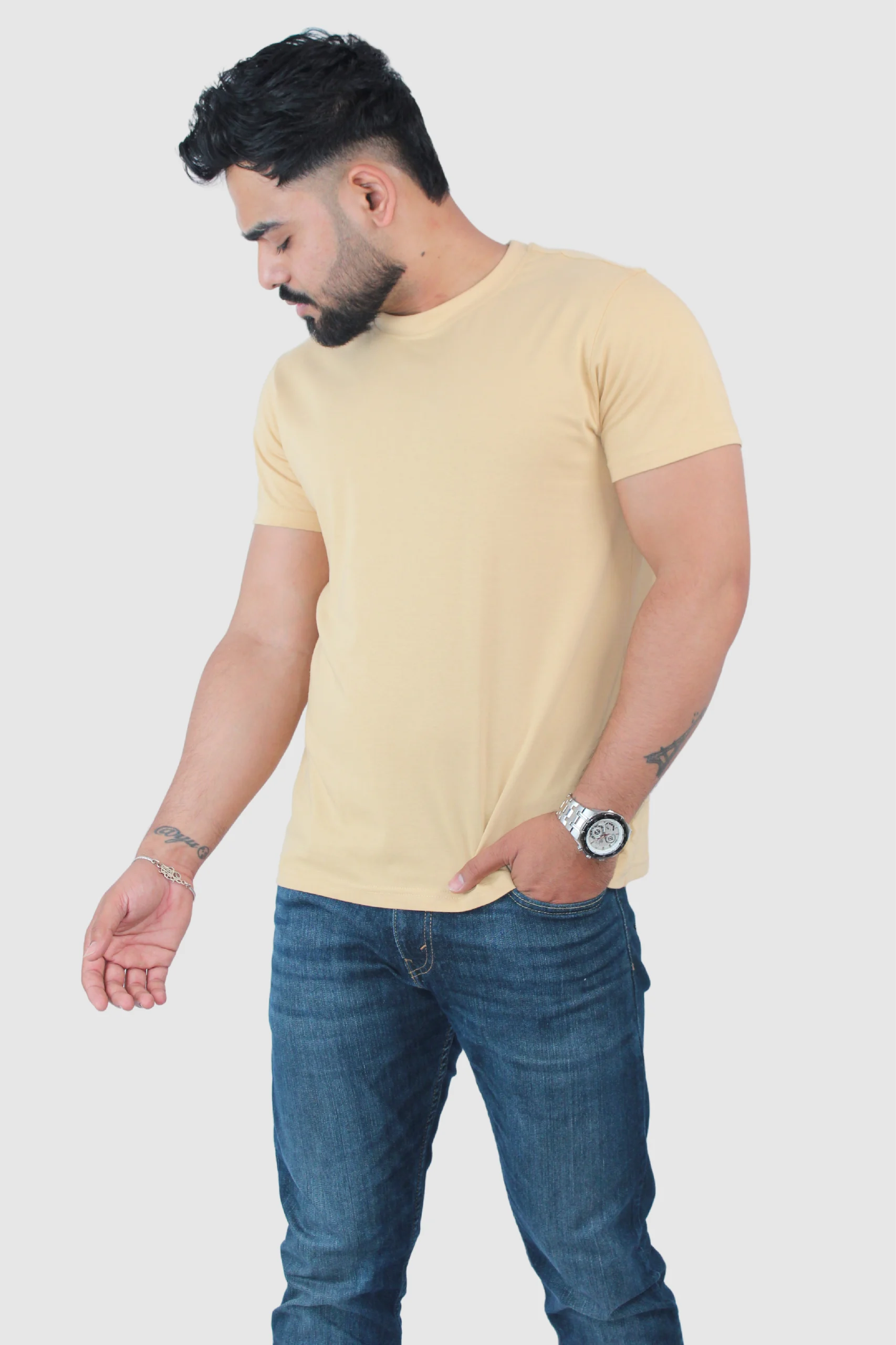 Slim Regular Fit Beige Solid T-Shirt - Calywer