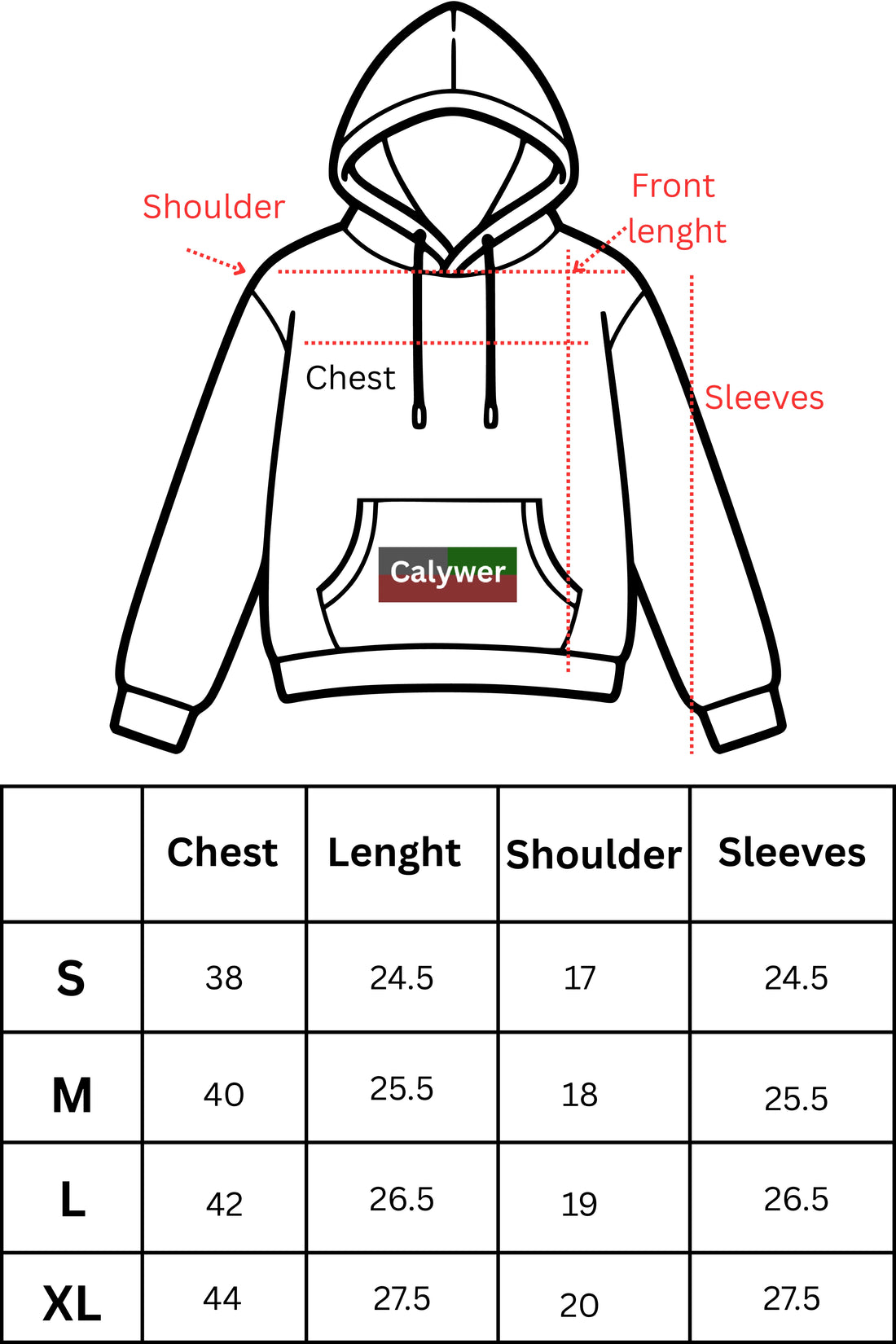 calywer hoodie size chart
