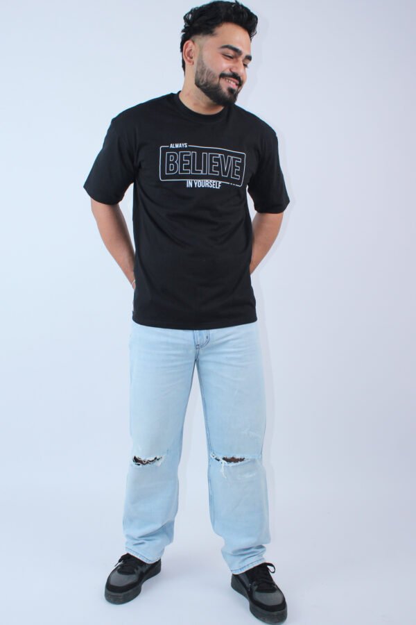Printed Black Solid Oversized T-Shirt - Image 3