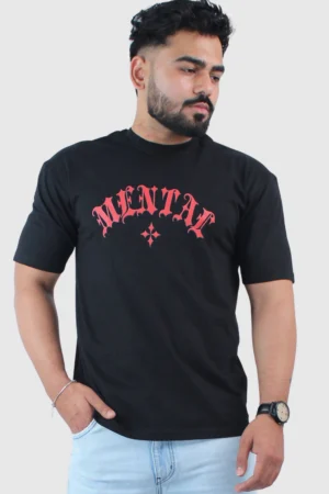 Printed Oversized Fit Solid Black T-Shirt