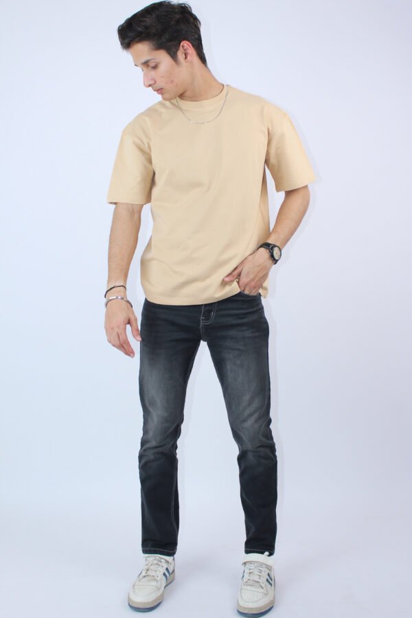 Oversized Printed 2-Way Stretch Beige T-Shirt - Image 3