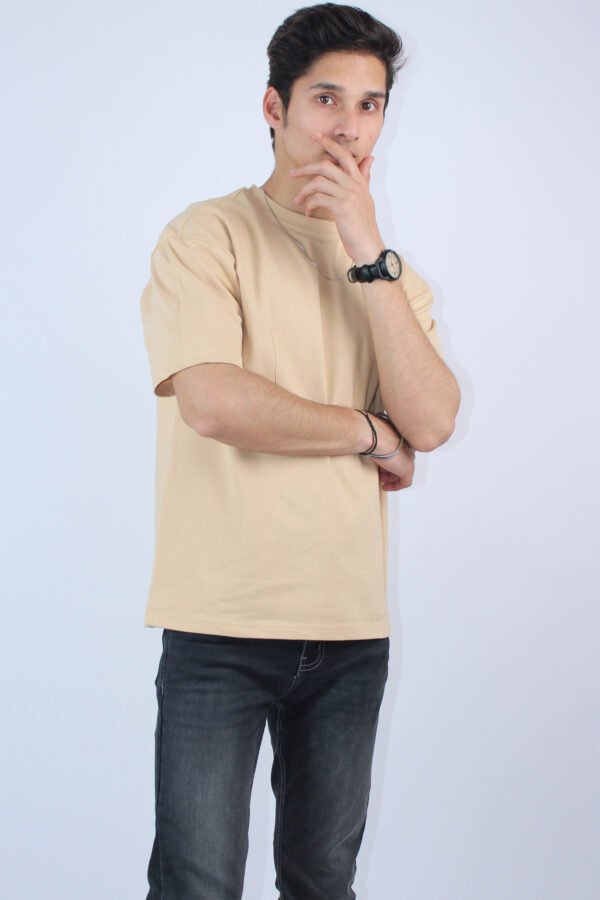 Oversized Printed 2-Way Stretch Beige T-Shirt - Image 2