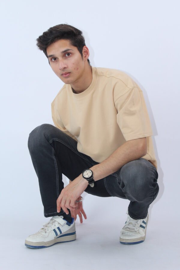 Oversized Printed 2-Way Stretch Beige T-Shirt - Image 5