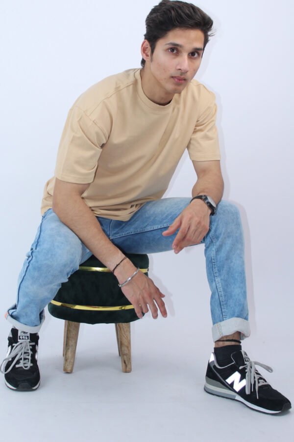 Printed Beige Solid Oversized 2-Way T-Shirt - Image 4