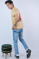 Men's Printed Regular Slim Fit Beige T-Shirt