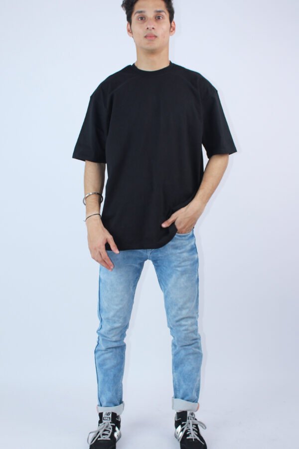 Oversized Solid Black Stretch T-Shirt - Image 3
